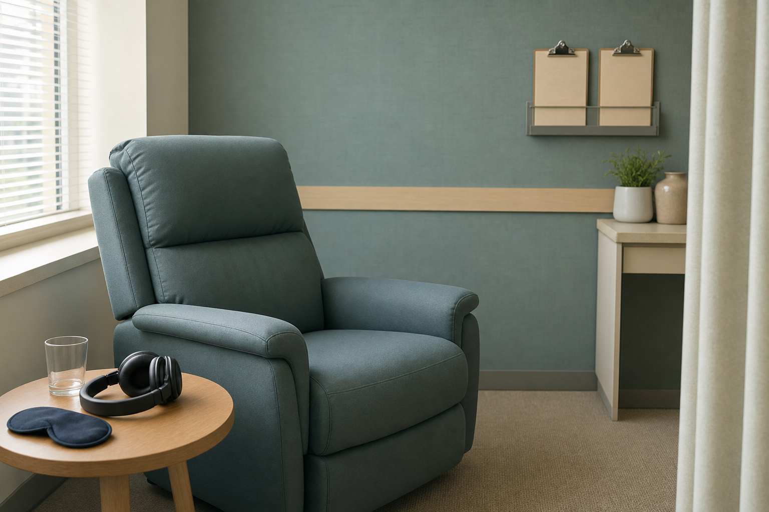 A quiet clinical trial monitoring room with a teal recliner chair, a small side table holding headphones, an eye mask, and a water glass, and two blank clipboards on a wall rack behind, lit by soft natural window light