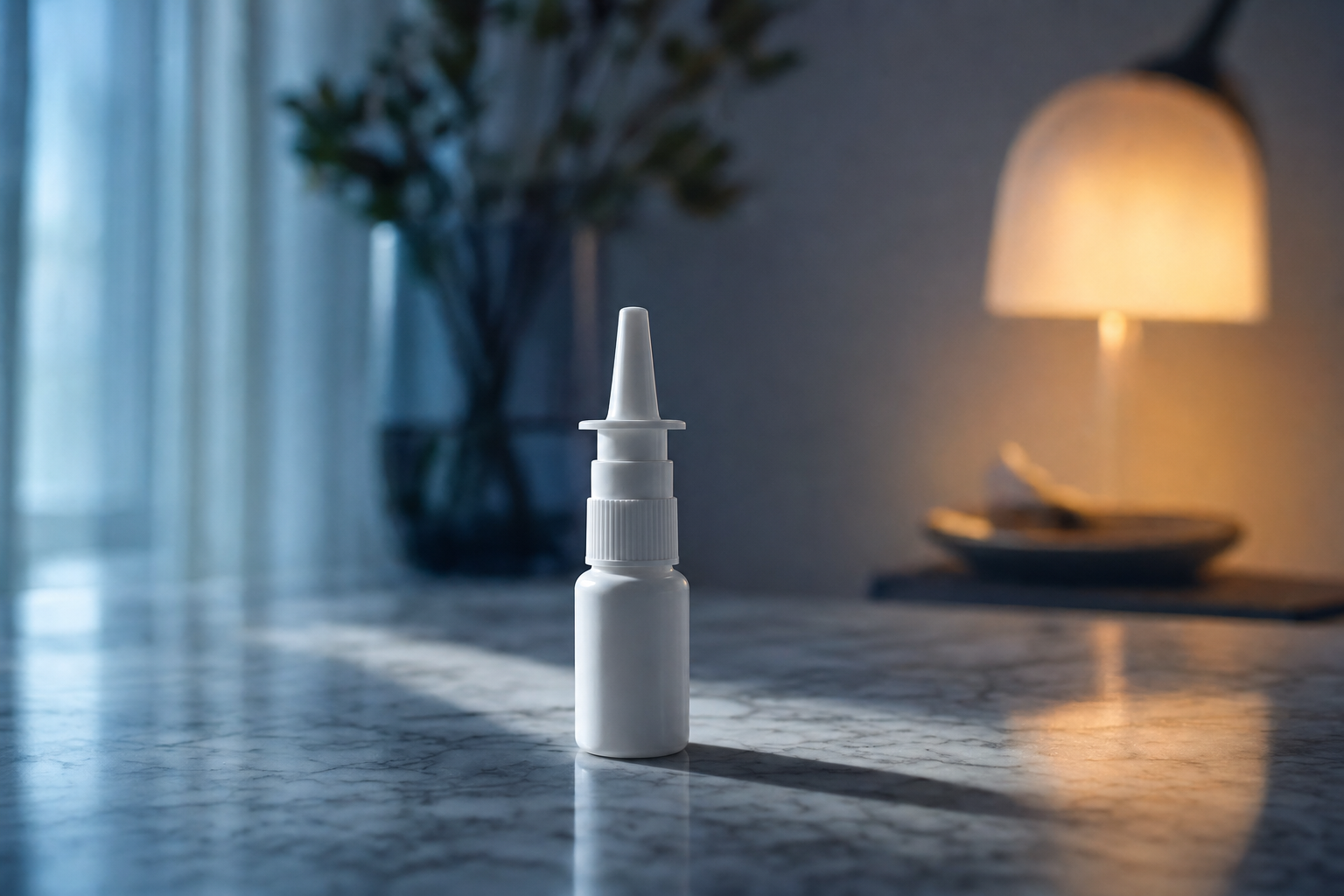 A single small unmarked white nasal spray bottle standing on a polished marble surface, softly lit with cool blue light from the left and a warm amber lamp glowing out of focus in the background