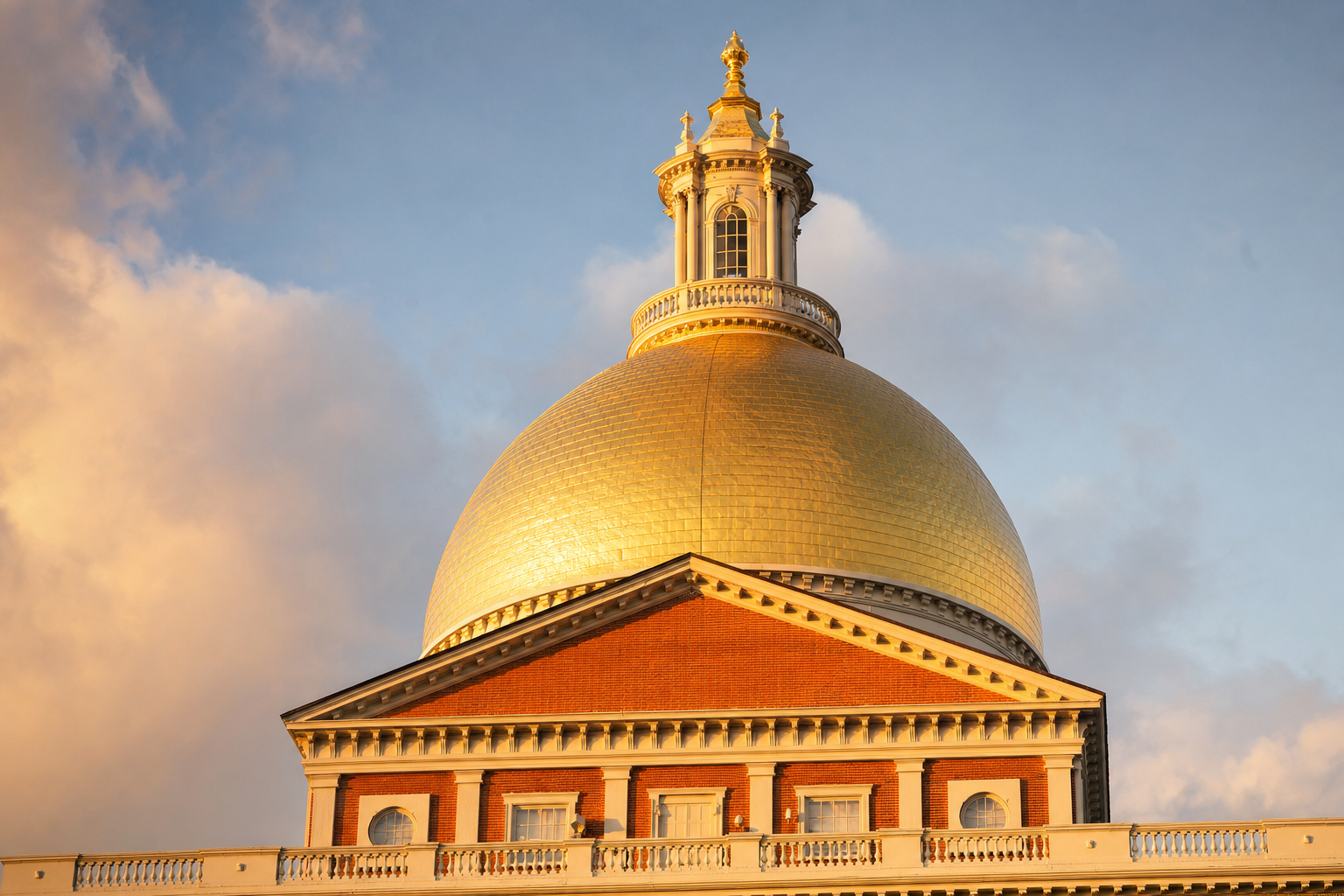 The gilded dome of the Massachusetts State House on Beacon Hill in Boston at golden hour