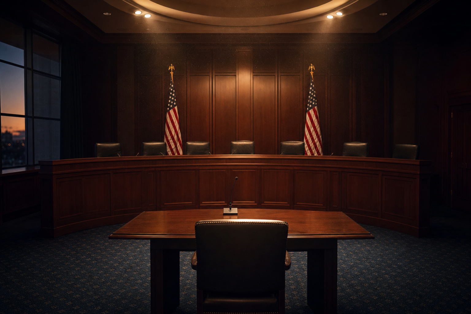 An empty federal administrative hearing room at dusk