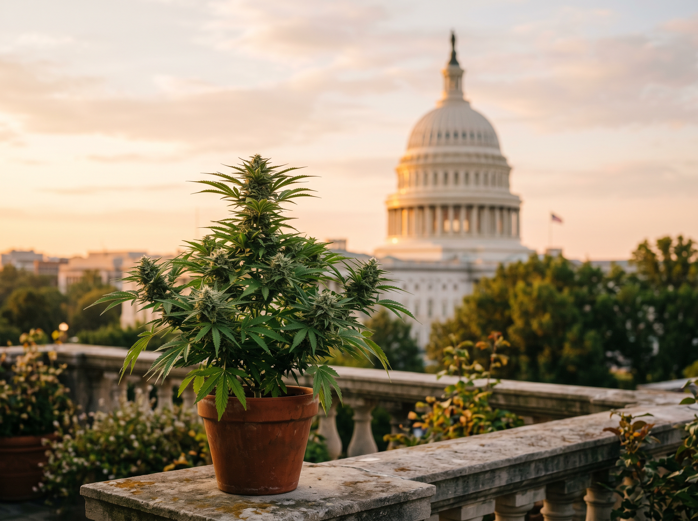 Cannabis plant in front of the U.S. Capitol dome at sunrise