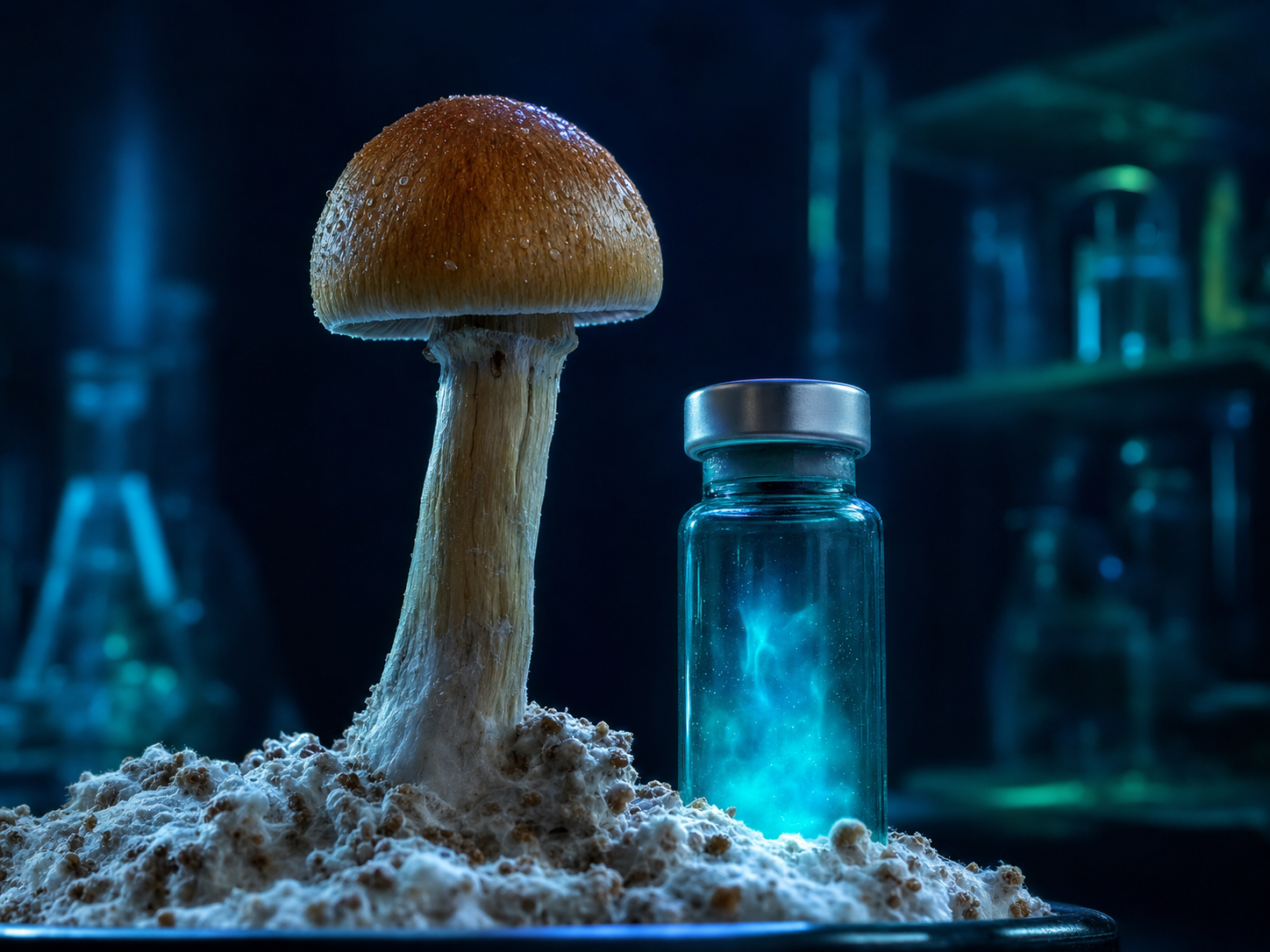 Psilocybe cubensis mushroom beside a glowing pharmaceutical vial in a clinical laboratory setting