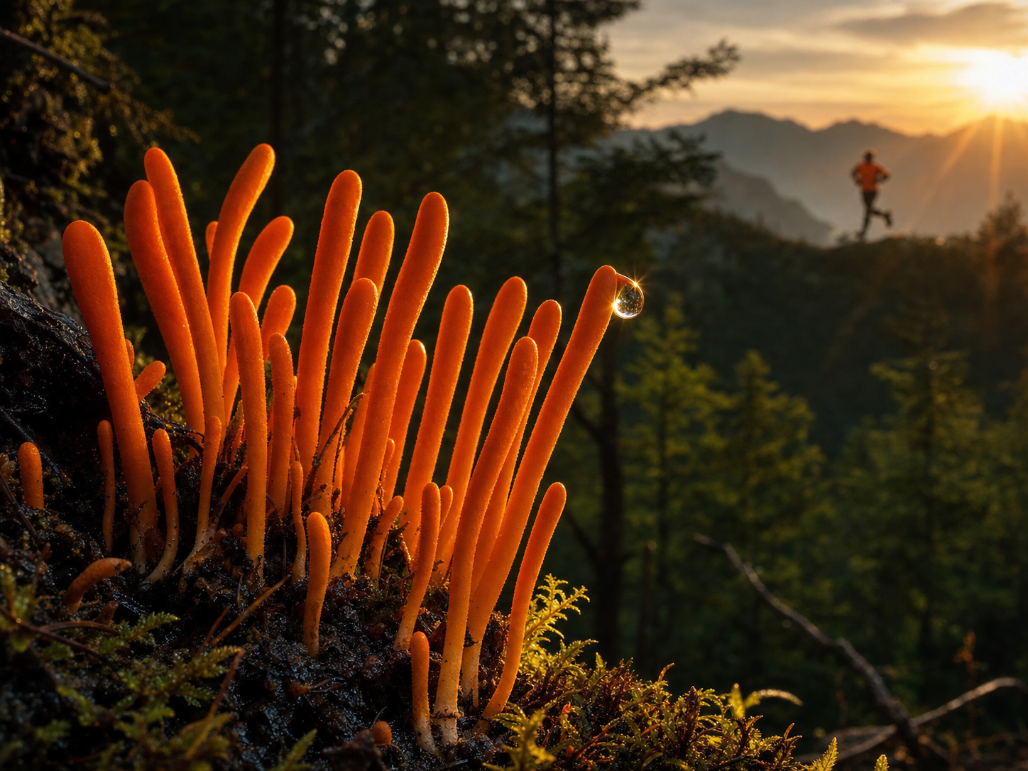 Bright orange Cordyceps militaris fruiting bodies in the foreground at golden hour, with the silhouette of a trail runner crossing a distant mountain ridge