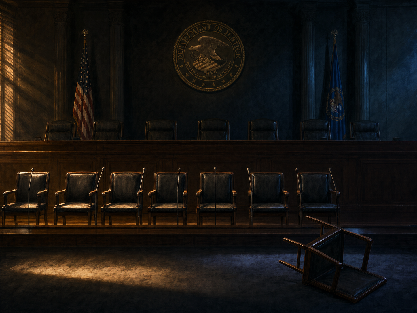A dimly lit federal courtroom with seven empty witness chairs in a row, one chair overturned beside them, beneath the U.S. Department of Justice seal