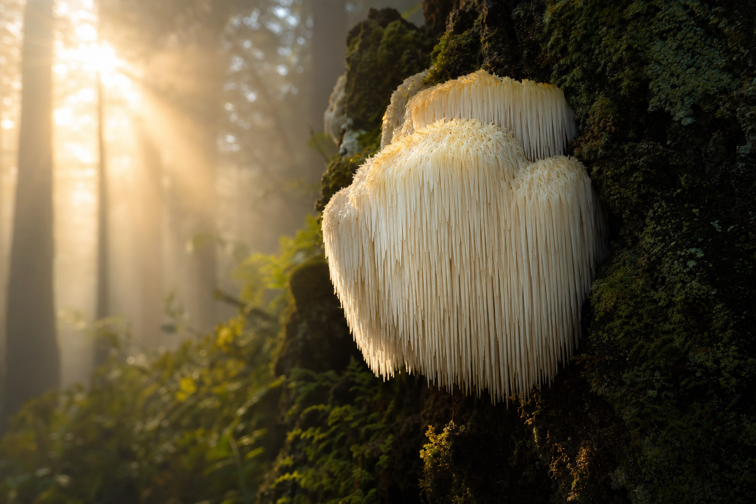 A Lion's Mane mushroom growing on a mossy log at dawn