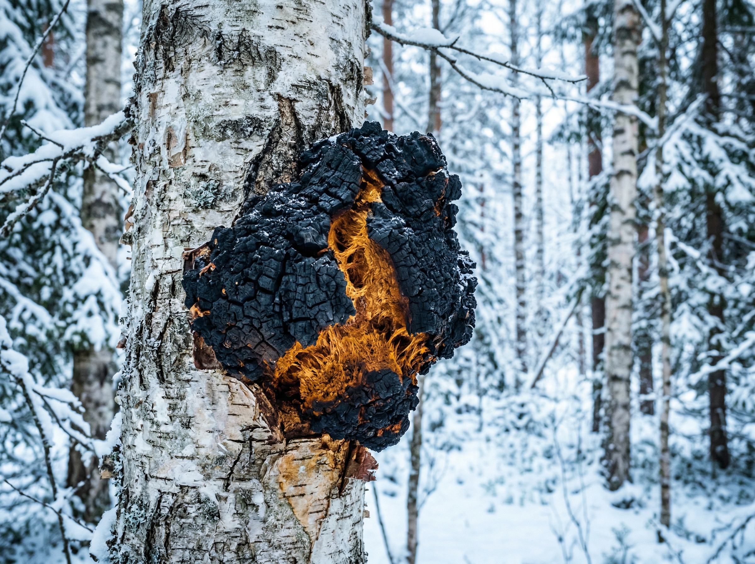 Dark charcoal Chaga mushroom with golden interior growing on a birch tree in winter