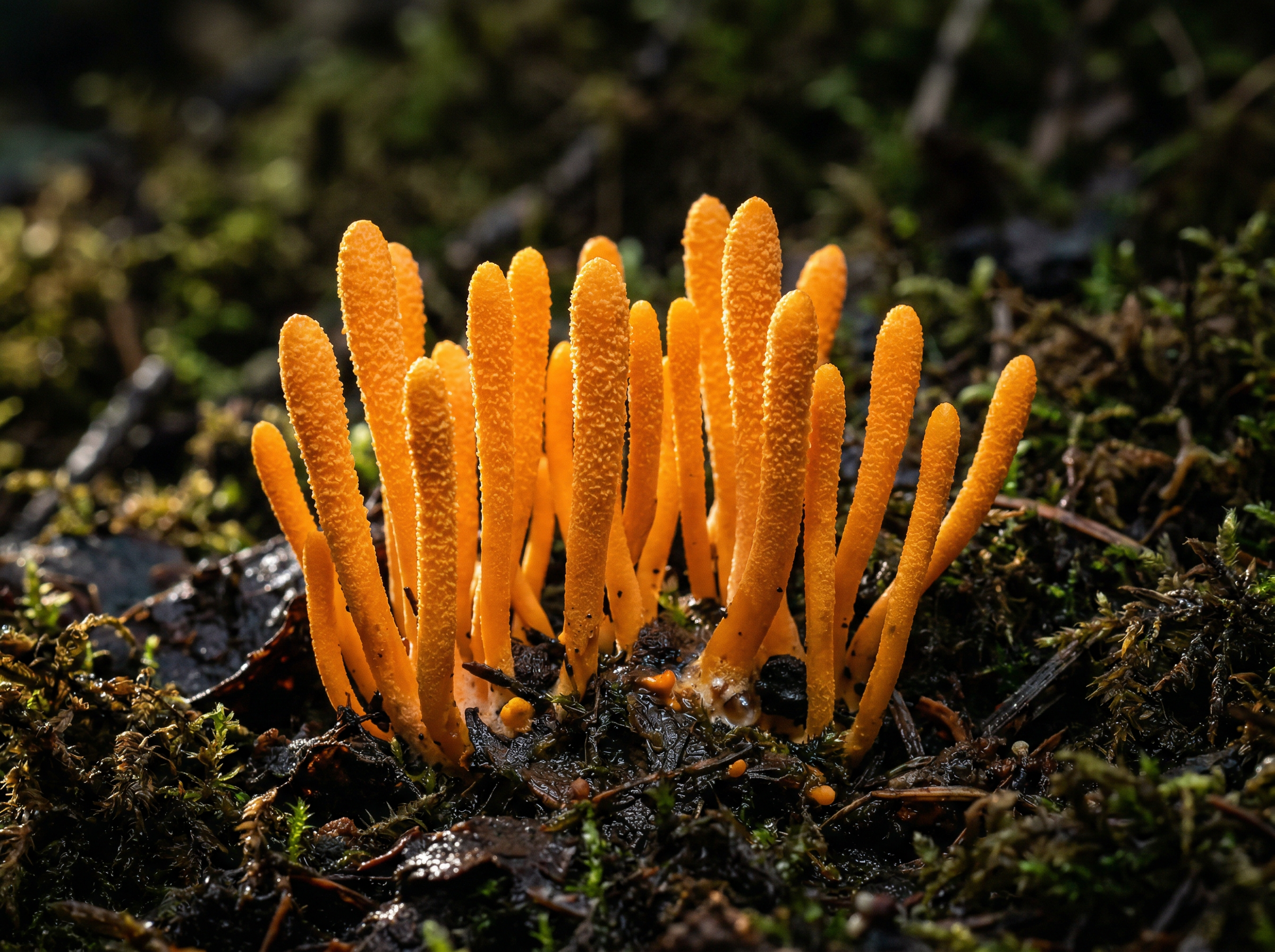 Bright orange Cordyceps militaris mushrooms standing upright in a cluster