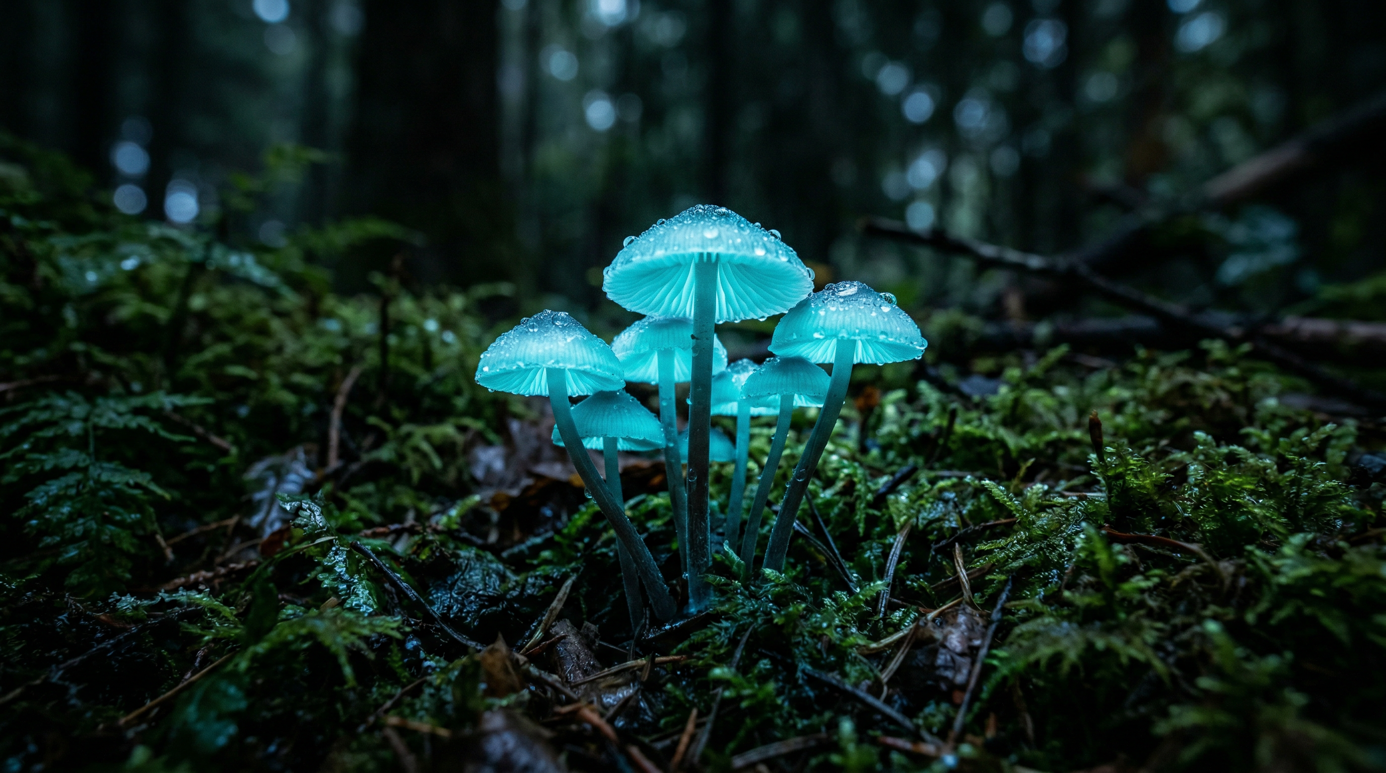 Bioluminescent mushrooms glowing on the forest floor