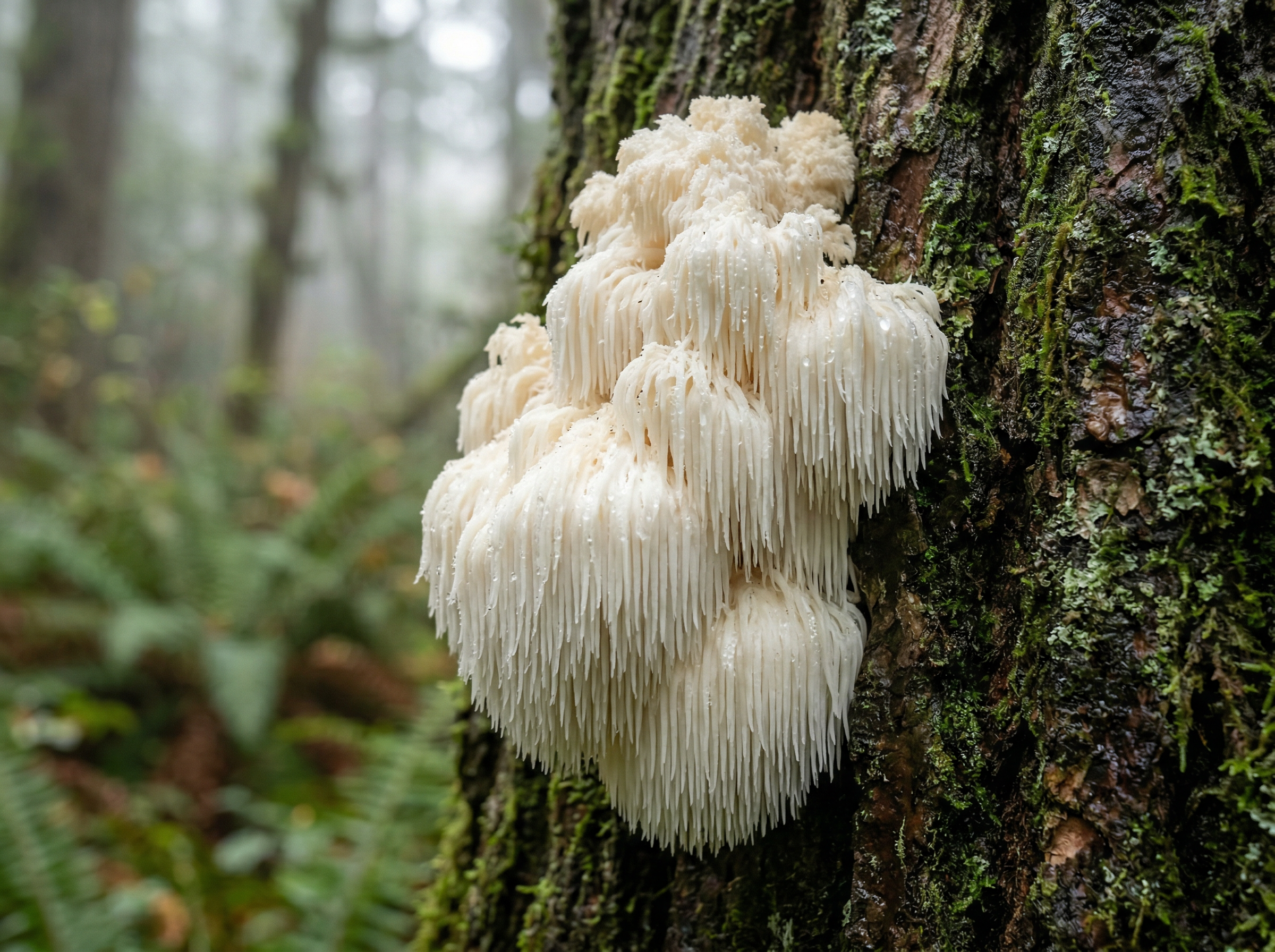 Lion's Mane mushroom with cascading white spines growing on an old oak tree