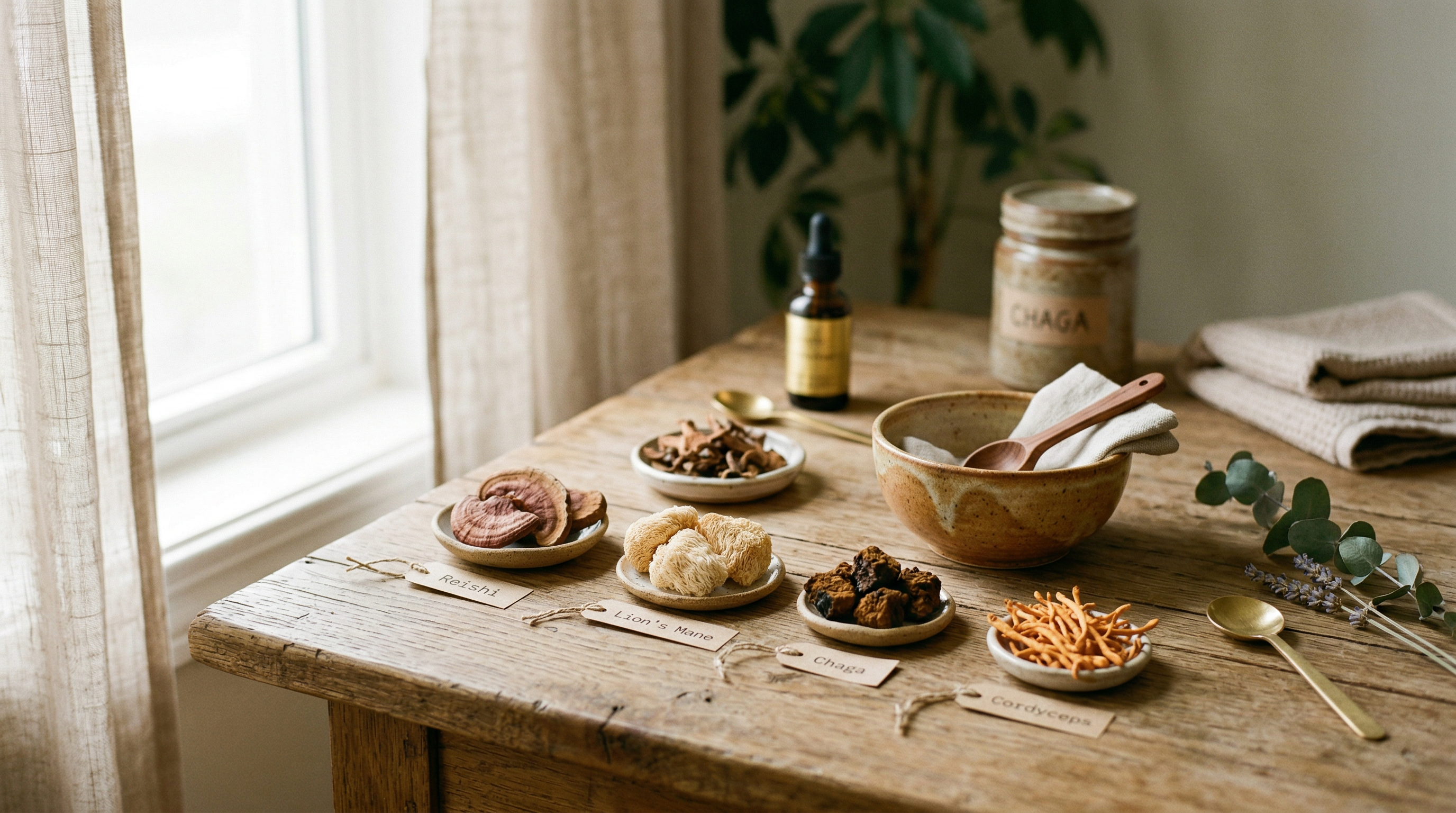 Array of medicinal mushrooms laid out for study — Reishi, Lion's Mane, Chaga, and Cordyceps