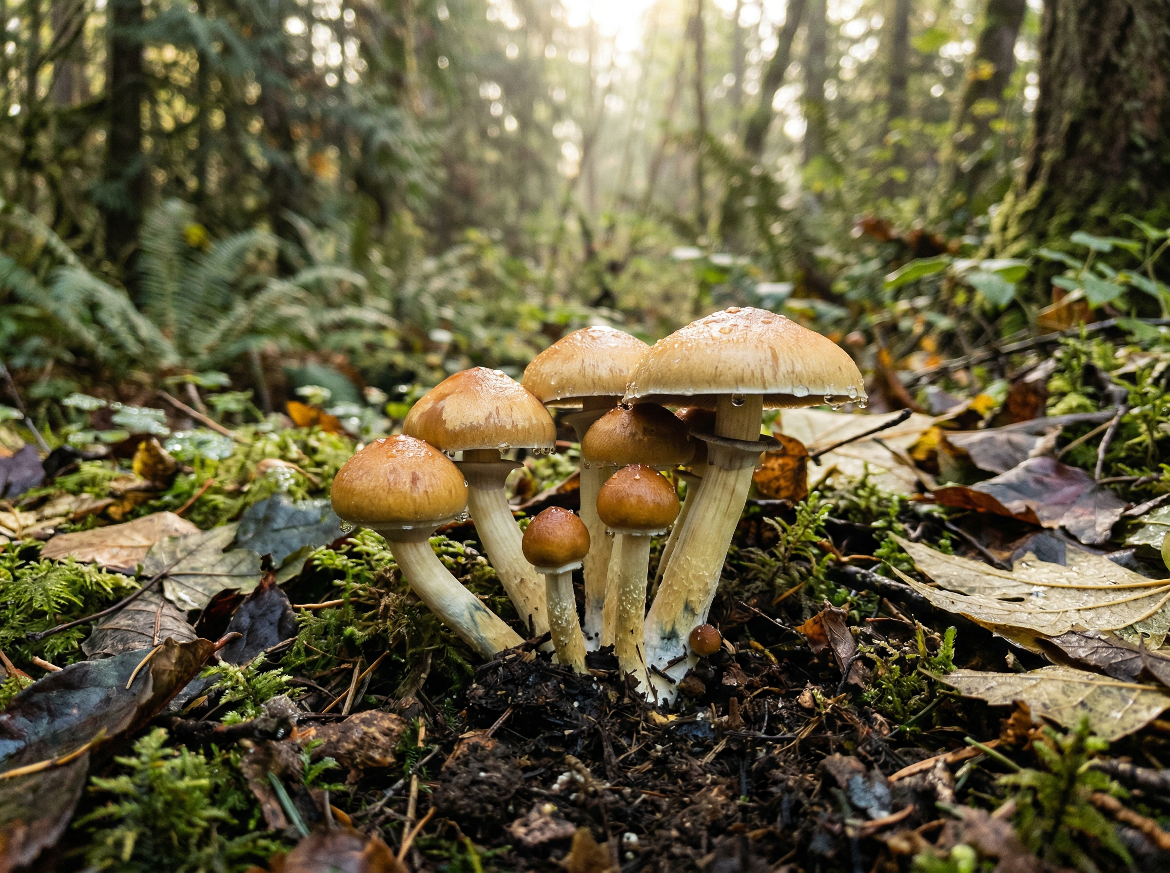 Golden-capped psilocybin mushrooms growing from dark forest soil