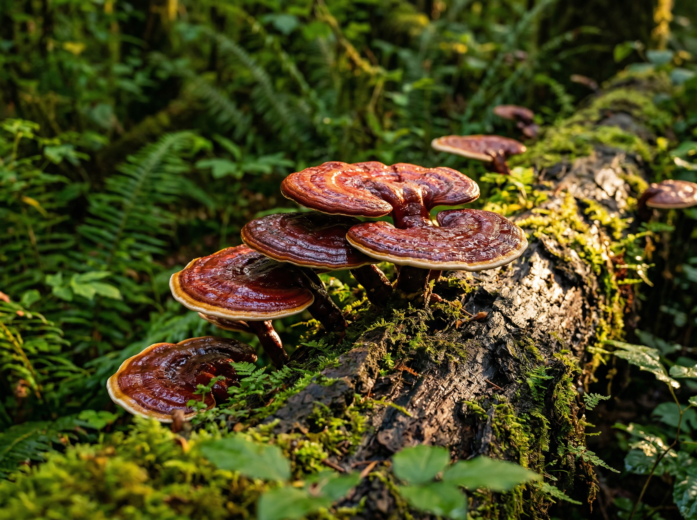 Glossy red Reishi mushrooms growing in tiers on a moss-covered log