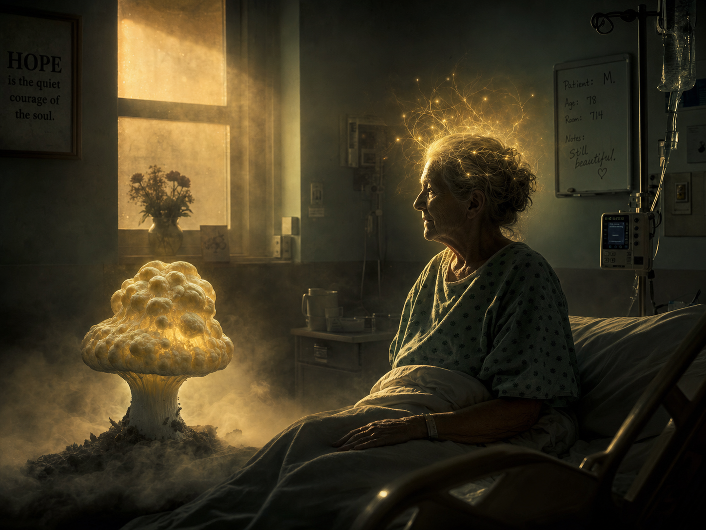 An illustration of a glowing Enigma-strain psilocybin mushroom in a softly lit hospital room beside an elderly woman, with faint sparks of light around her head suggesting transiently reawakened neural circuits