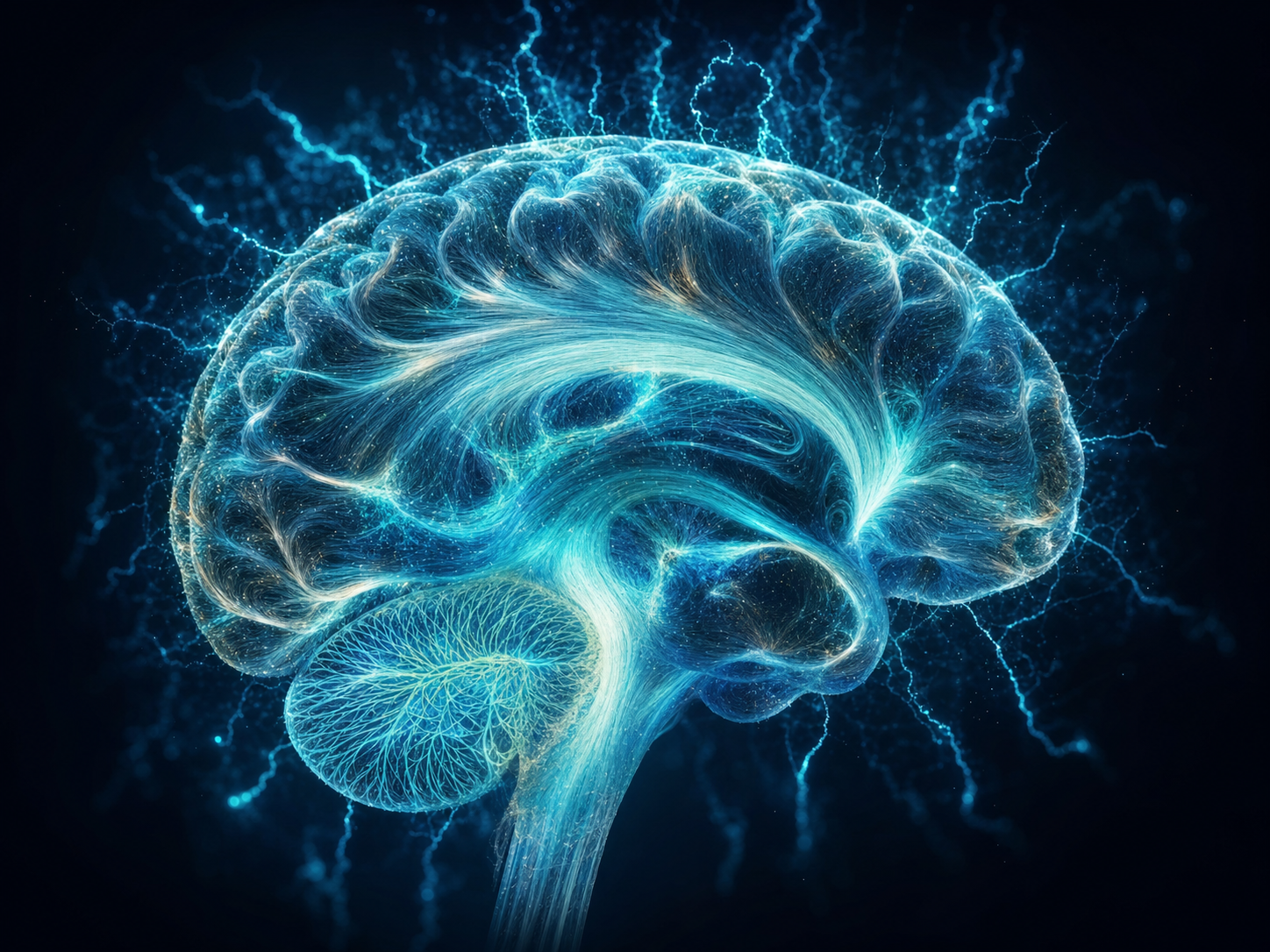 Luminous human brain rendered as glowing neural pathways