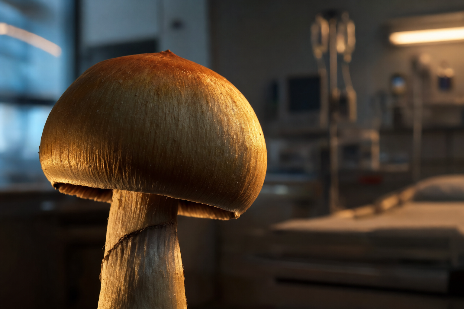 A golden Psilocybe mushroom in a clinical research setting