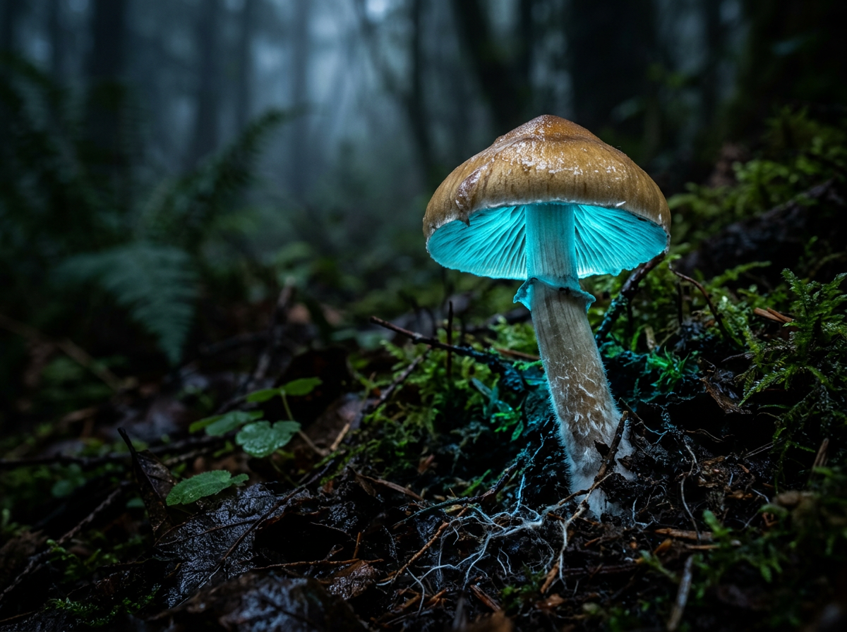 A glowing Psilocybe mushroom on the forest floor