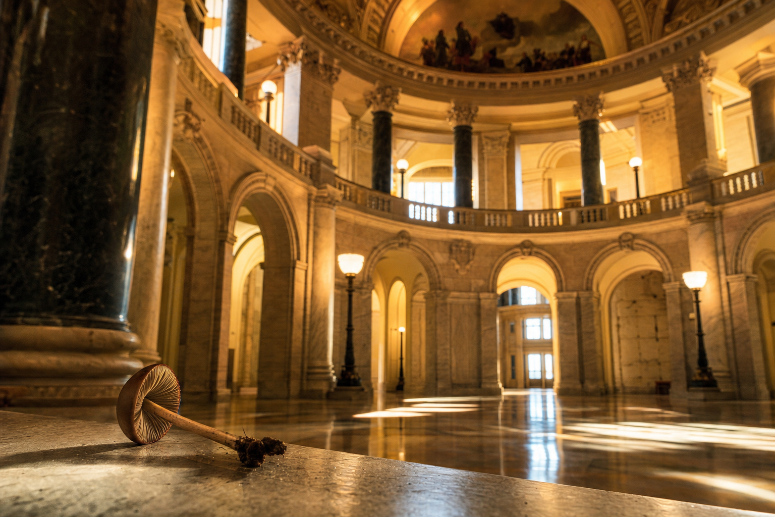 A small mushroom resting inside a sunlit state capitol rotunda
